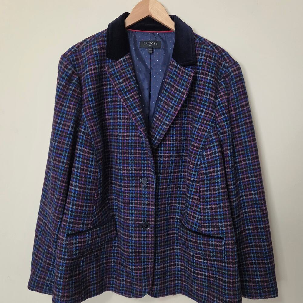Talbots Plus 24W Mistletoe Plaid Shetland Wool Blend Blazer Jacket Velvet Collar